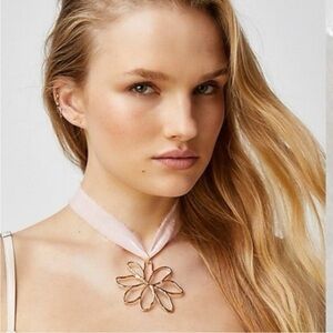 Free People Annabelle Pink Ribbon Choker with Gold Tone Flower NWT